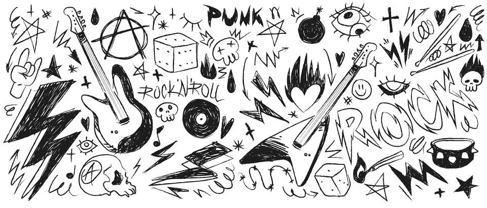 Doodle punk rock pattern on white background Stock Illustration
