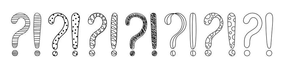 Doodle question and exclamation marks hand drawn sketch vector illustration set. Stock Illustration