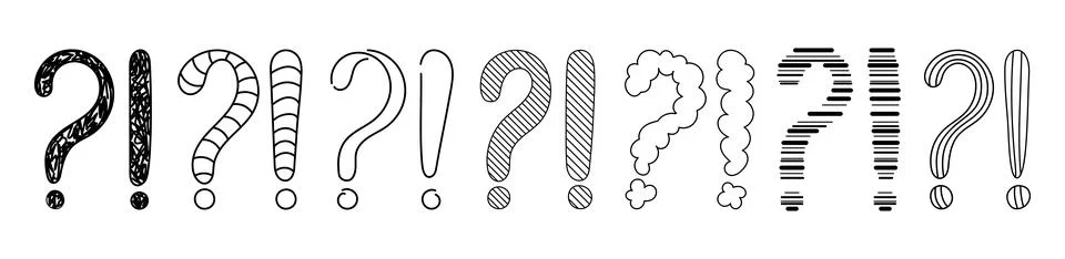 Doodle question and exclamation marks hand drawn sketch vector illustration set. Stock Illustration