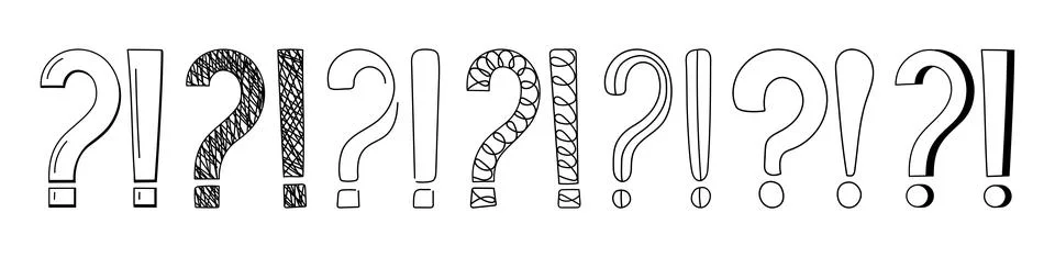 Doodle question and exclamation marks hand drawn sketch vector illustration set. Stock Illustration