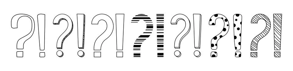 Doodle question and exclamation marks hand drawn sketch vector illustration set. Stock Illustration