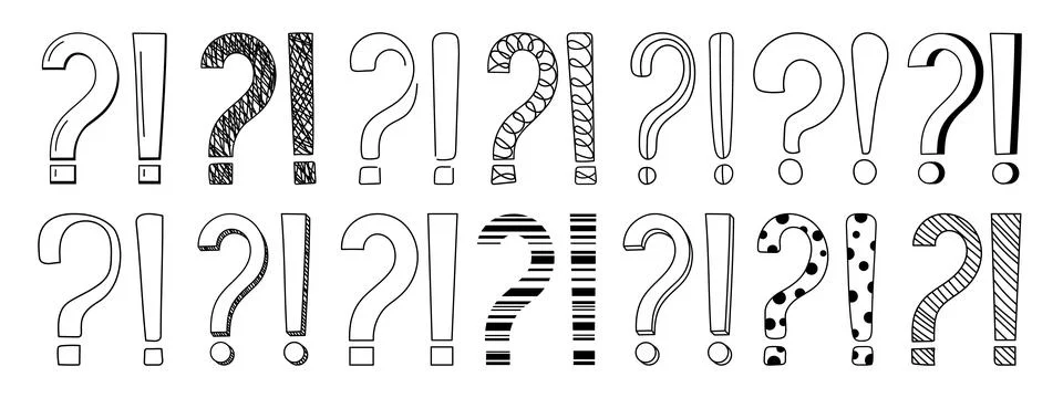 Doodle question and exclamation marks hand drawn sketch vector illustration set. Stock Illustration