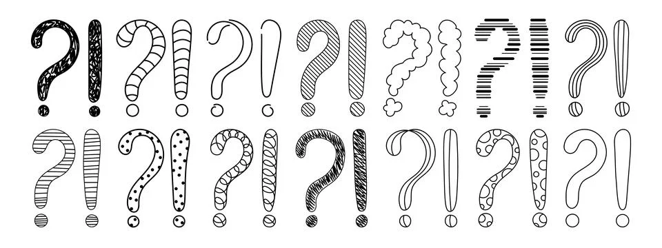 Doodle question and exclamation marks hand drawn sketch vector illustration set. Stock Illustration
