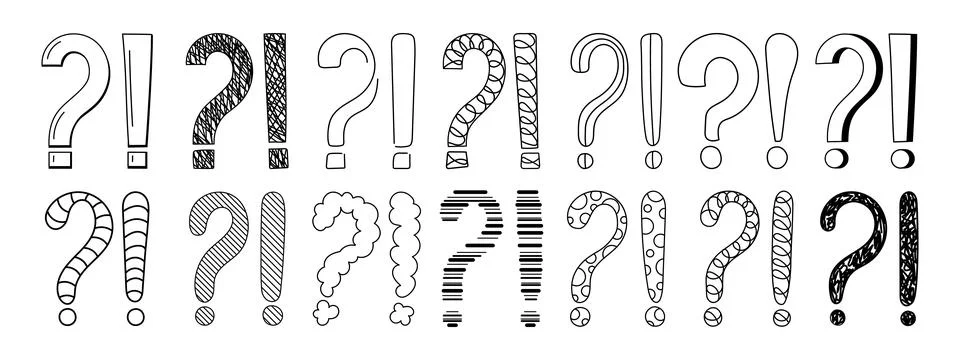 Doodle question and exclamation marks hand drawn sketch vector illustration set. Stock Illustration