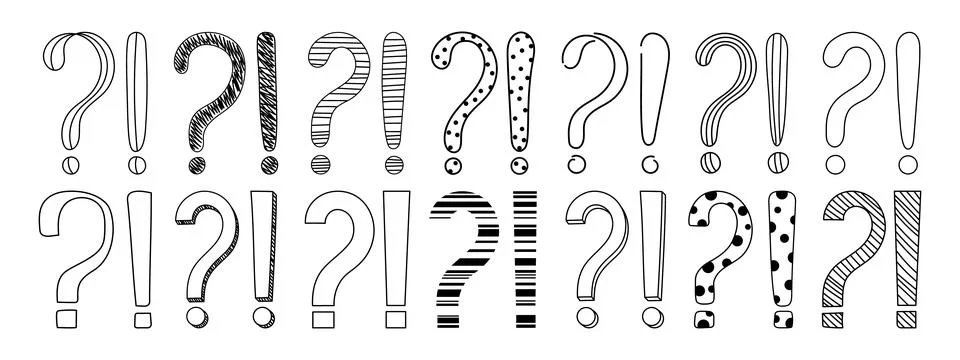 Doodle question and exclamation marks hand drawn sketch vector illustration set. Stock Illustration