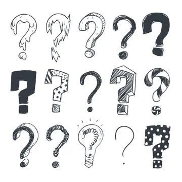 Doodle question marks. Hand drawn interrogation query symbols vector set Stock Illustration