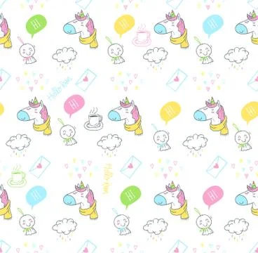 Doodle rain and unicorn pattern Stock Illustration