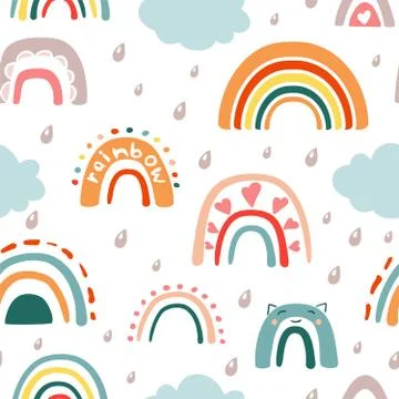 Doodle rainbow with rain seamless pattern. Children colored half rings clouds Stock Illustration