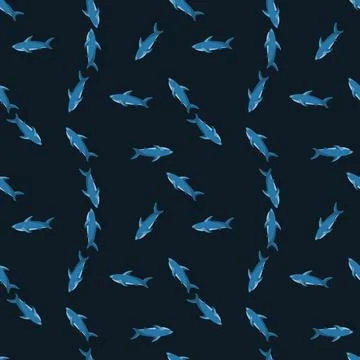 Doodle random small blue shark shapes seamless pattern. Black background. Scr Illustrazione stock