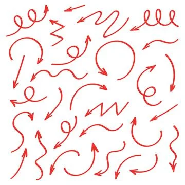 Doodle red arrows set hand drawn curved arrows for social media posts highlights Stock Illustration