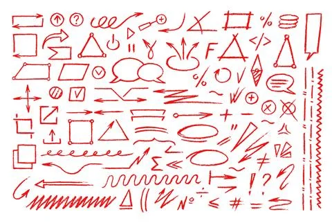 Doodle red crayon pencil hand drawn line symbols Stock Illustration