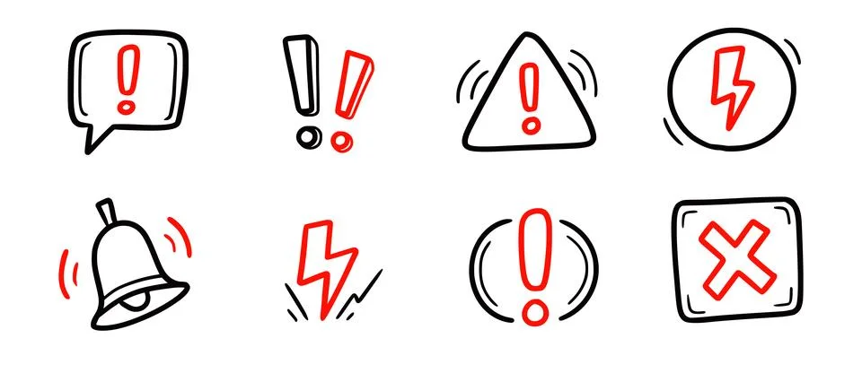 Doodle red exclamation mark, warning sign set. Hand drawn caution signs and Stock Illustration