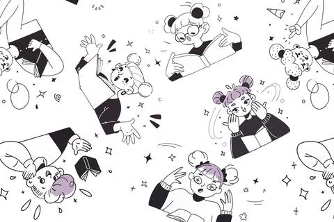 Doodle repeating pattern kids reading books in various poses Illustrazione stock