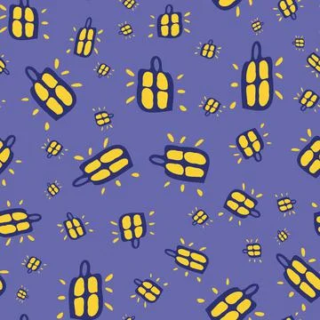 Doodle retro lanterns vector pattern on periwinkle Stock Illustration