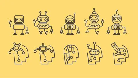 Doodle robot icon elements set. Ai interface illustration Stockillustratie