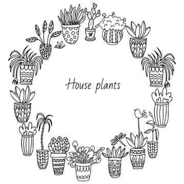 Doodle round frames with houseplants in pots. Stock Illustration