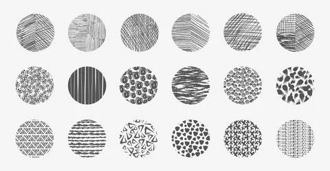 Doodle round textures. Sketch scribble pattern, scratching graphics in circles Stock Illustration
