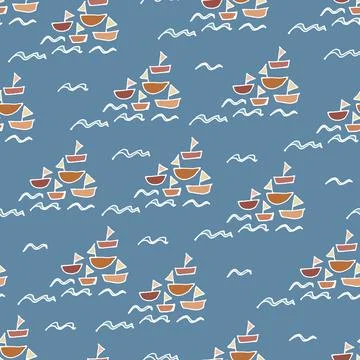 A doodle sailing boats seamless vector pattern Stock Illustration