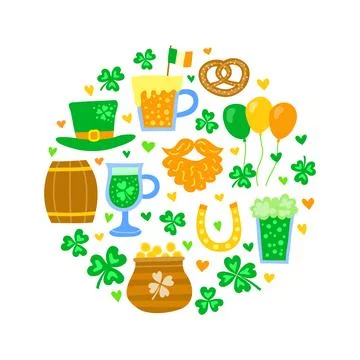Doodle Saint patrick s day items in circle. Stock Illustration
