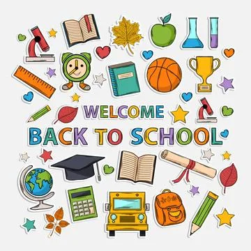 Doodle school Back to school set .Scrapbook set.Sticker.With books, backpa... Stock Photos