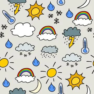 Doodle seamless background texture illustration - weather symbols collection  스톡 일러스트