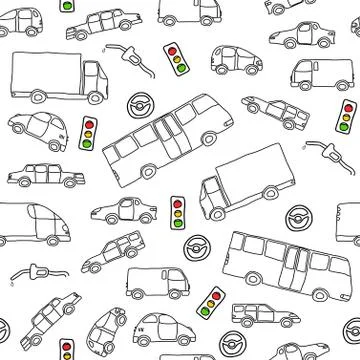 Doodle seamless background texture illustration - vehicle collection with car Stock Illustration