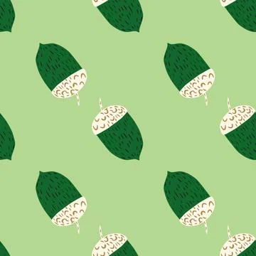 Doodle seamless fall pattern with green and white colored acorn ornament. Pas Stock Illustration