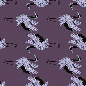 Doodle seamless fauna pattern with simple chinese crane bird ornament. Purple Stock Illustration