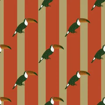Doodle seamless fauna pattern with simple toucan bird ornament. Red and beige Stock Illustration