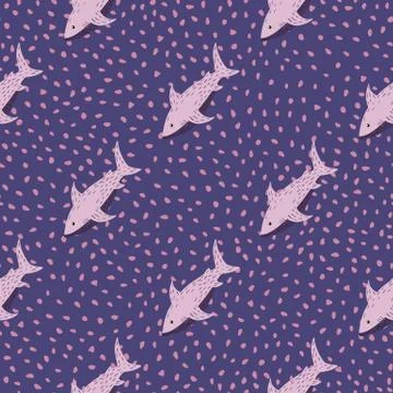Doodle seamless hand drawn pattern with shark simple ornament. Purple dotted  스톡 일러스트