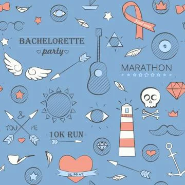 Doodle seamless hipster pattern over blue Stock Illustration