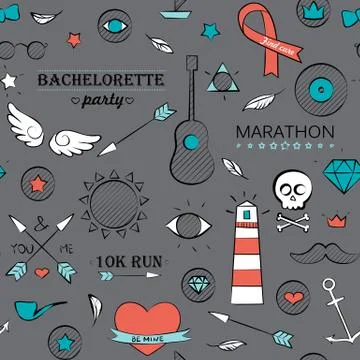 Doodle seamless hipster pattern over brown Stock Illustration