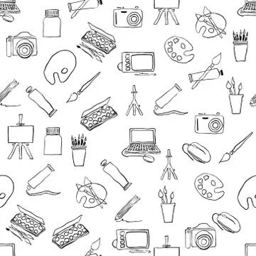 Doodle seamless pattern with art pictures Stock Illustration