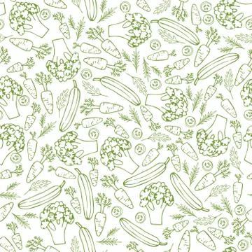 Doodle seamless pattern with arugula, carrots, cucumber, broccoli. Background イラスト素材