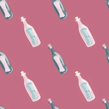 Doodle seamless pattern with blue bottle with message print. Pink background. Stock Illustration