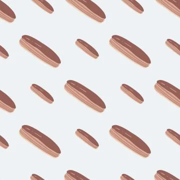 Doodle seamless pattern with chocolate eclair silhouettes. Light pastel backg Stock Illustration