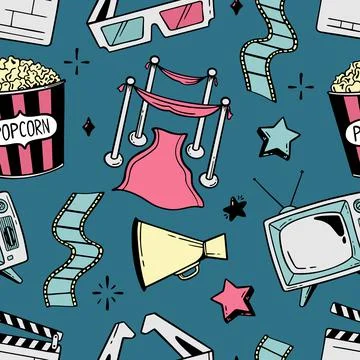 Doodle seamless pattern cinema flapping board film popcorn 3d glasses loudspe Stock Illustration
