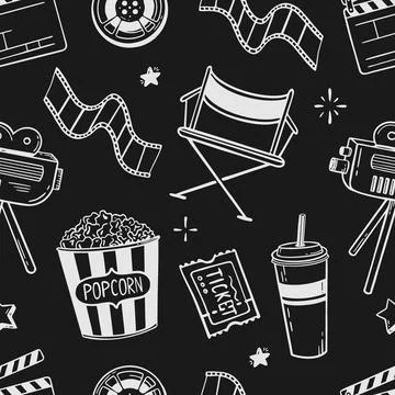 Doodle seamless pattern cinema flapping board film popcorn 3d glasses loudspe Stock Illustration