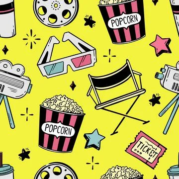 Doodle seamless pattern cinema flapping board film popcorn 3d glasses loudspe Stock Illustration
