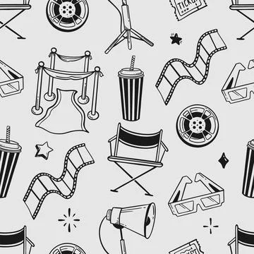 Doodle seamless pattern cinema flapping board film popcorn 3d glasses loudspe Stock Illustration