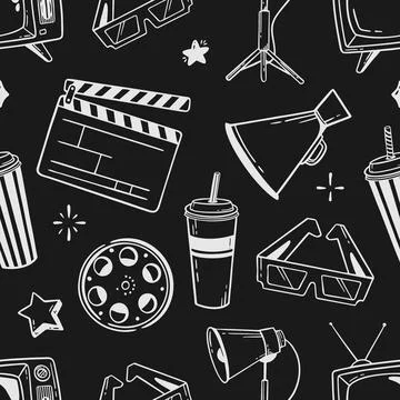 Doodle seamless pattern cinema flapping board film popcorn 3d glasses loudspe Stock Illustration