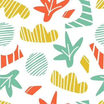 Doodle seamless pattern. Clouds, plants and stripe shapes background. Abstract Stock Illustration