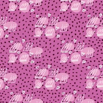 Doodle seamless pattern with contoured crowns and hearts. Lilac bright backgr Illustrazione stock