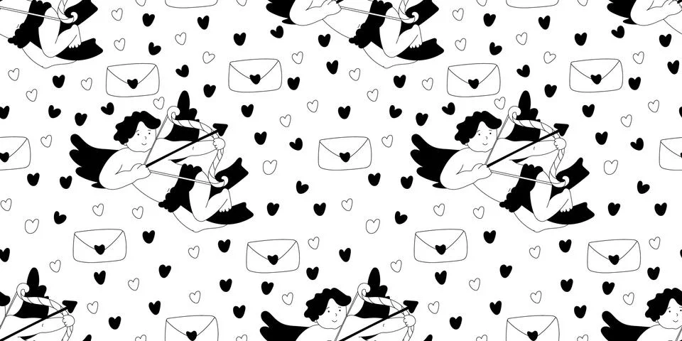 Doodle seamless pattern decorated with cupids, envelopes and hearts. Stock Illustration