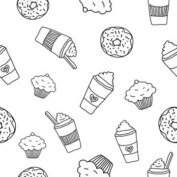 Doodle seamless pattern donuts and coffee cups, cupcakes, black on white Stock Illustration