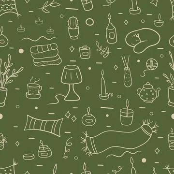 Doodle seamless pattern with elements related to comfort Stock Illustration