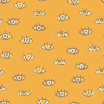 Doodle seamless pattern with eyes. Hand drawn elements on orange background. Stock Illustration