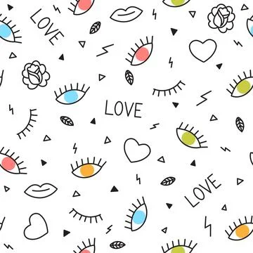 Doodle seamless pattern with eyes, hearts, lips and other geometric element.. 库存插图