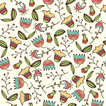 Doodle seamless pattern with flowers and leafs 스톡 일러스트