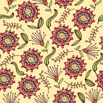 Doodle seamless pattern with flowers and leafs Stock Illustration